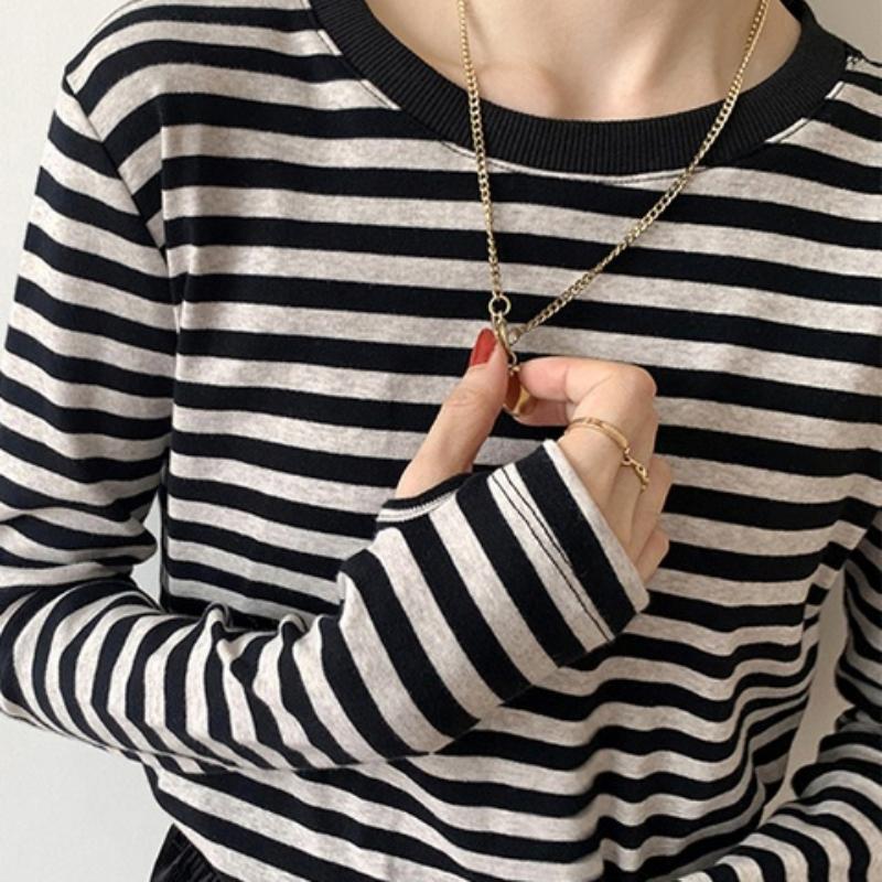 Женские хлопковые футболки с круглым вырезом и длинными рукавами, весенне-летние женские полосатые футболки, повседневные свободные женские пуловеры, топы