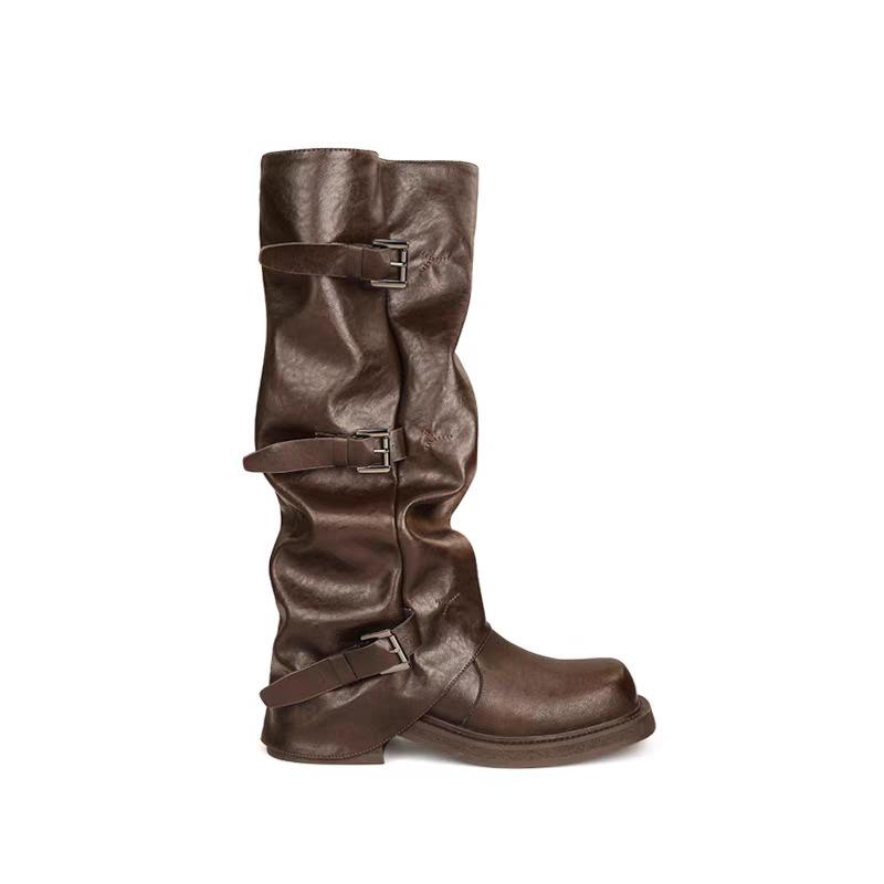 , the Leg Essence Plays the Role of Height Increase Cm Belt Buckle Square Round Head Pleated Medium Tube Knight Boots