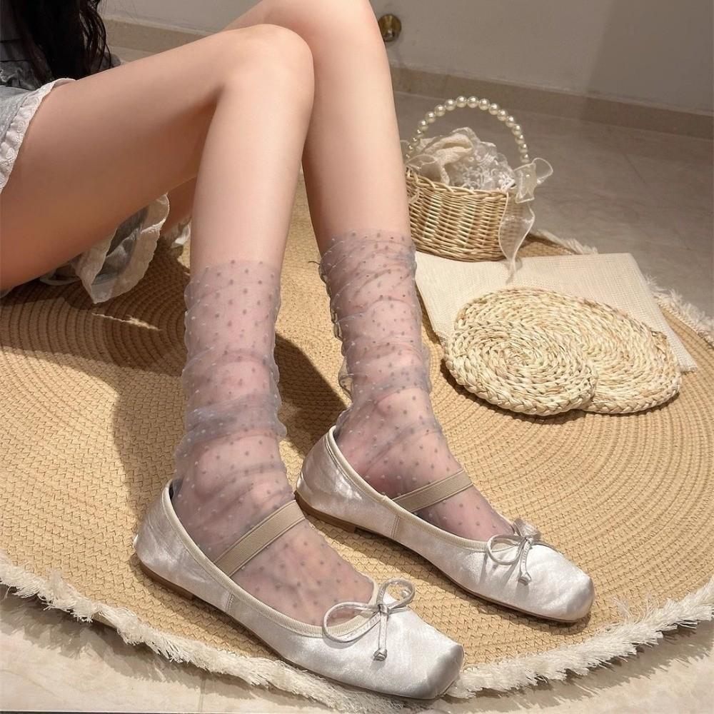 JK Mid Tube Socks Transparent Stacked Stockings Pile Up Socks Polka Dot Mesh Socks Student