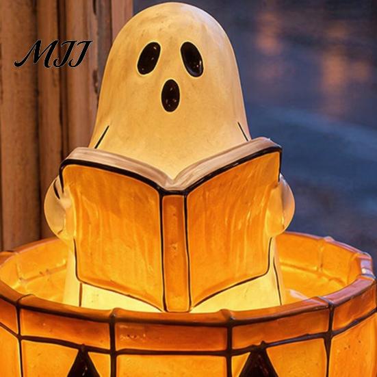 Ретро-светильник на Хэллоуин «Призрак читает книгу», Ночник в стиле витража, Жуткий теплый оранжевый тыквенный светильник из смолы для спальни, гостиной