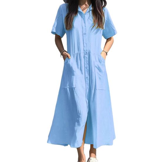 Женское платье с лацканами, короткий рукав, однобортное, повседневное платье с карманами, однотонное