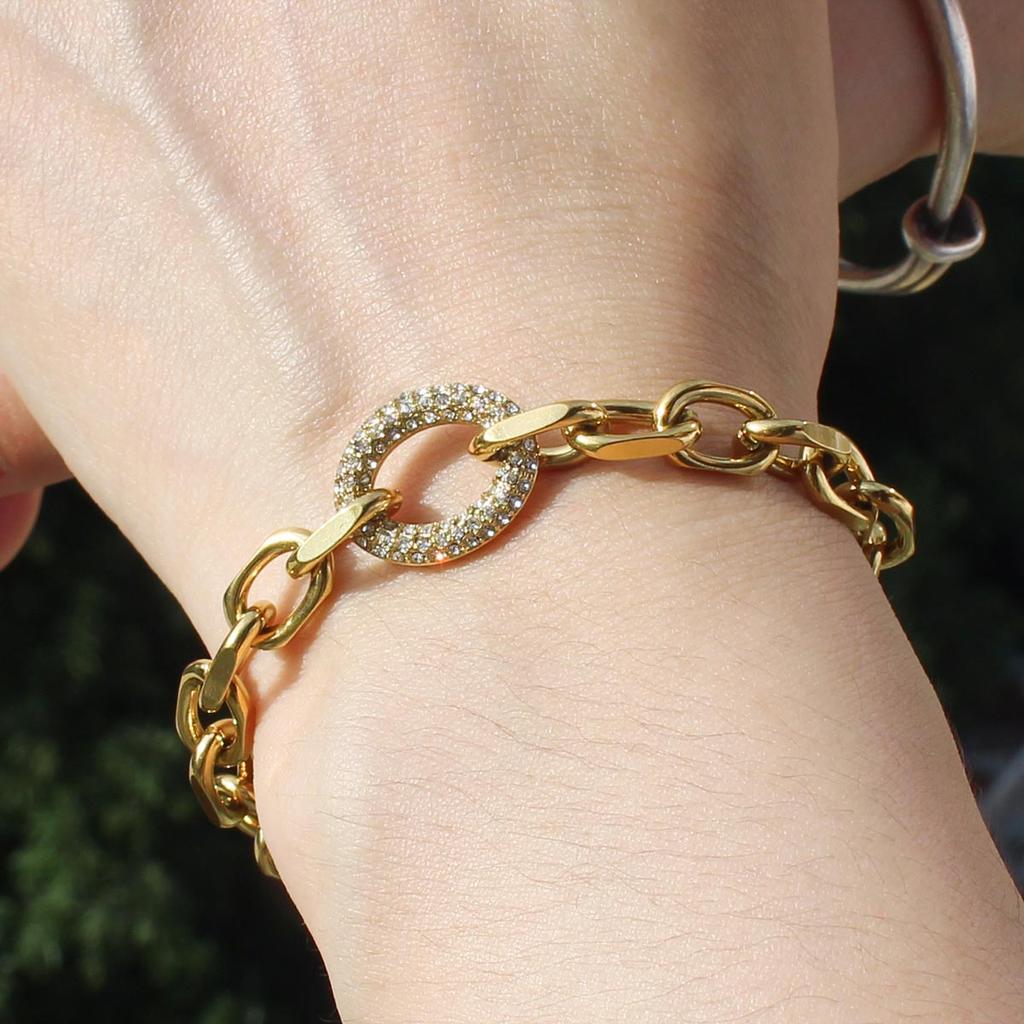 Fashionable High-End 316L Stainless Steel Charm Bracelet for Women Gold Plated Circle Zircon Trendy Style for Parties