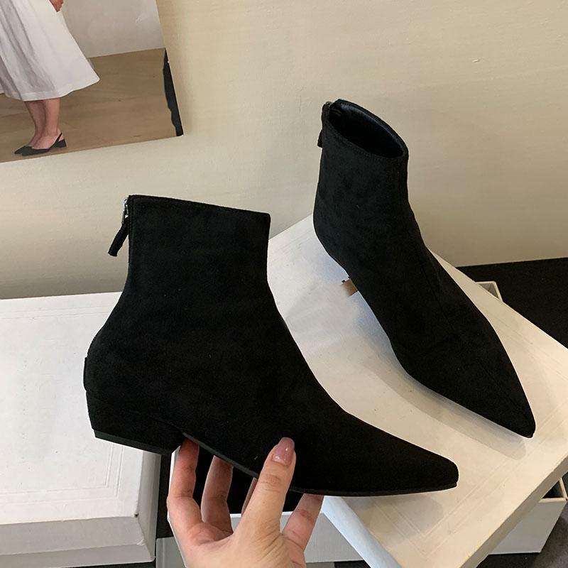 Мода Мода Флок Женские Ботильоны На Низком Каблуке Обувь Острый Носок Современные Женские Короткие Ботинки Обувь Женская Обувь На Молнии