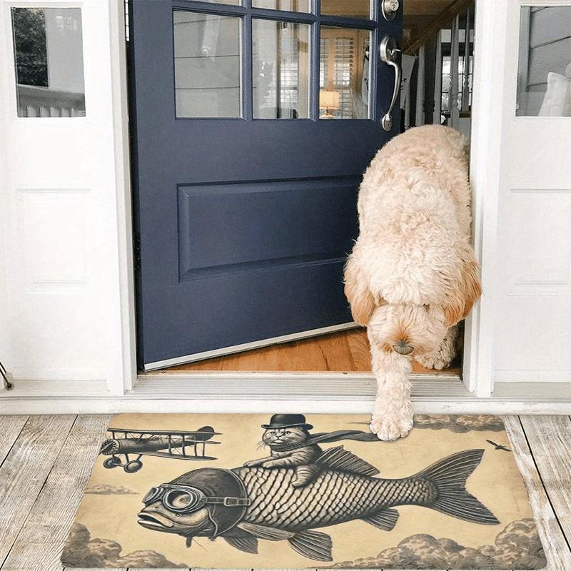 Retro Flying Fish and Cat Patterned Doormat - Non-Slip, Machine Washable, Abstract Art Style Rug, Suitable for Entryways, Bathro