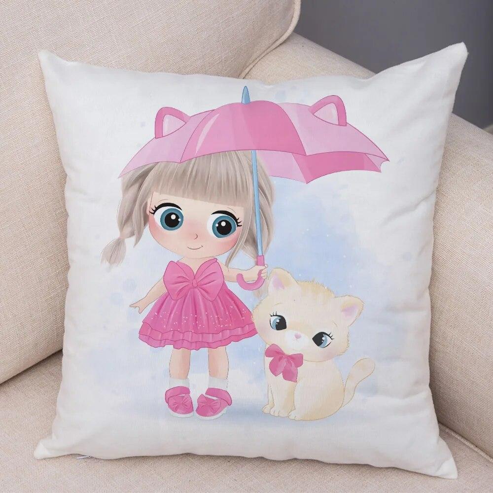 Children's Room Sofa Home Pillowcase Cute Cartoon Girl and Cat  Decoration  Animal Cushion Cover