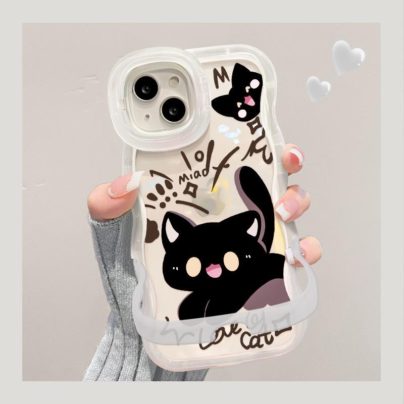 Подходит для Apple 15 Чехол для мобильного телефона iPhone 14 Cartoon Black Cat 13 Wavy Edge 12 Invisible Double Stand Summer
