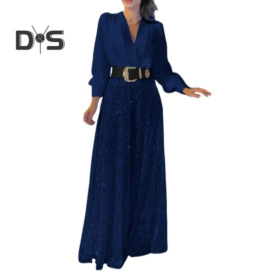 Women Jumpsuit Wide Leg Shiny Sequin Deep V Neck Long Lantern Sleeve Tight High Waist with Belt Solid Color Prom Cocktail Party Wedding Fake Dress