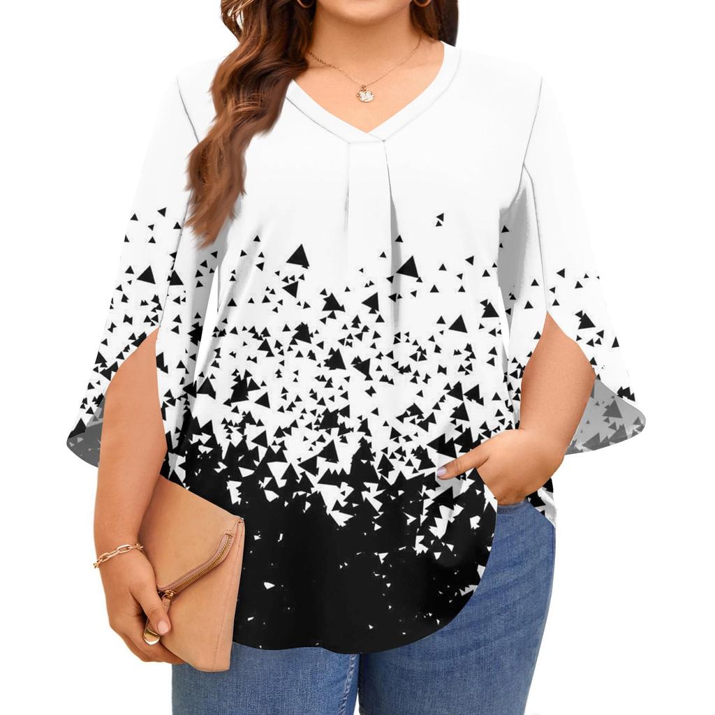 Женские топы с принтом, V-образным вырезом, больших размеров, с рукавами 3/4, элегантные рубашки