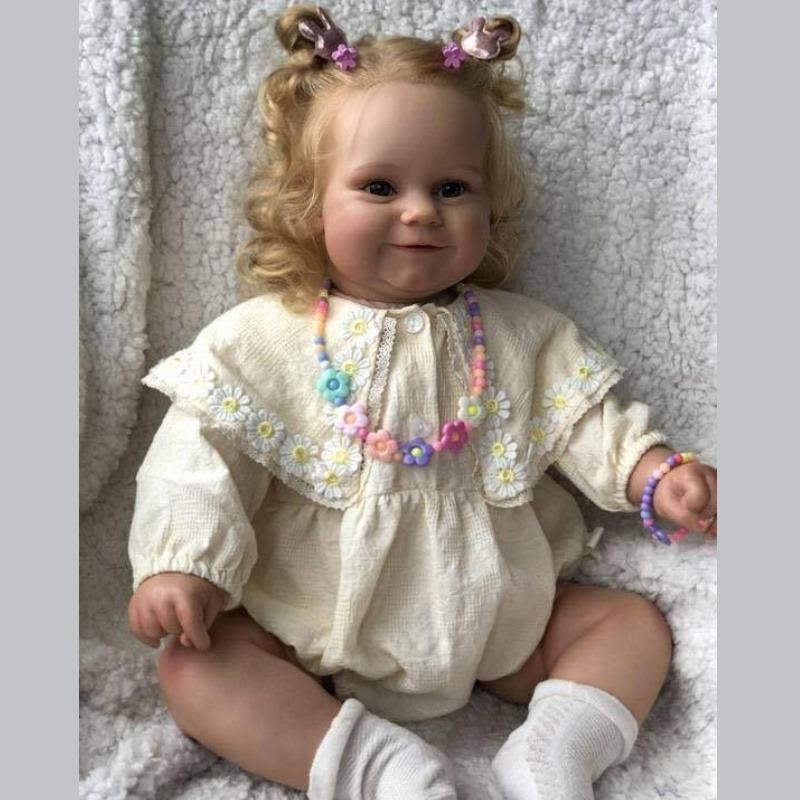 Cute 60cm Reborn Doll Maddie with Rooted Curly Hair Cloth Body Fat Baby Doll Look Real Handmade 3d Painted Skin Newborn Dolls for Kids Age 3+ Year Old