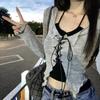 2KWEIRD Korean Two Piece Suit Suspender Cardigan Women's Sexy V-neck Slim Y2K Crop Long Sleeve Cross Bandage Knit Tops