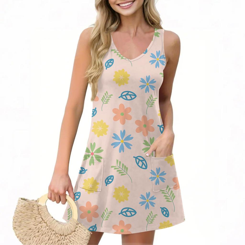 Женское повседневное летнее платье-жилет с карманами, цветочным принтом, V-образным вырезом, без рукавов