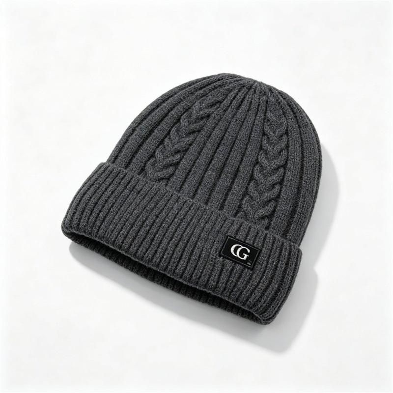 Autumn and winter CG cloth label twist knitted hat for women, flanged wool hat, thickened warm retro pullover hat, cold hat for men