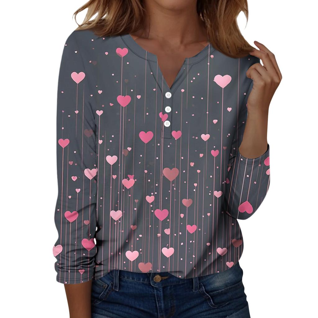 Женская футболка с рождественским принтом на пуговицах с длинным рукавом, повседневная, выходного дня, модная, базовая, с V-образным вырезом, обычная