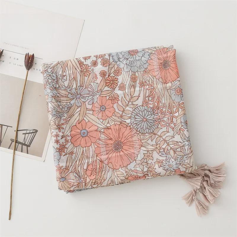 Yitao Soft Pink Floral Scarf - Cotton & Linen Feel with Silver Silk, Fashionable Women’s Shawl