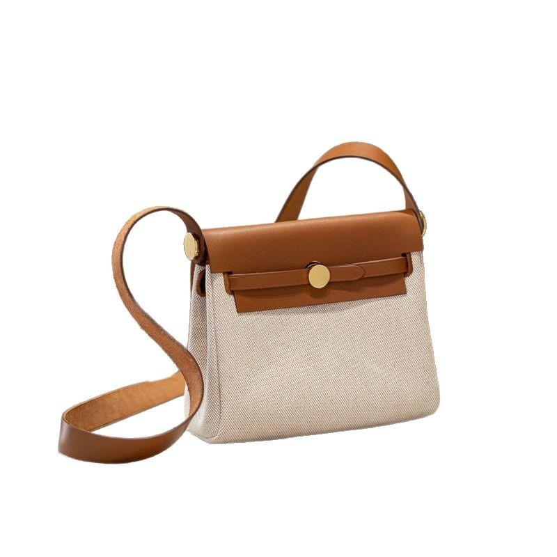 2026 New 20cm Cowhide With Canvas Leather Bag Mini Shoulder Crossbody Fabric Cross-border