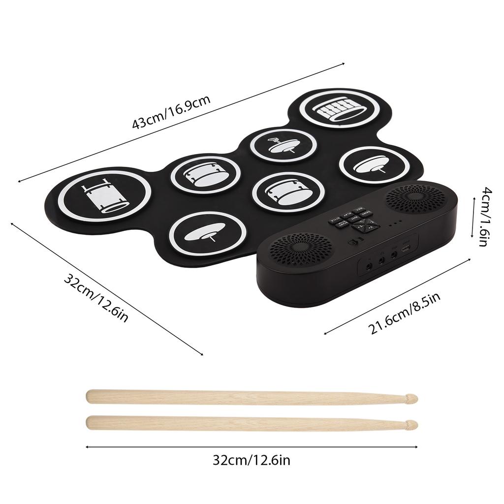 Electronic Drum Set Hand Roll Drum Set 7 Pads with Dual Speaker 7 Drum Styles 6 Rhythms 10 Demo
