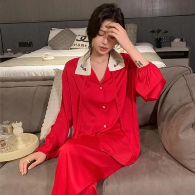 Длинный рукав Ice Silk однотонная пижама женский костюм с вышитыми цветами домашняя одежда осенняя пижама