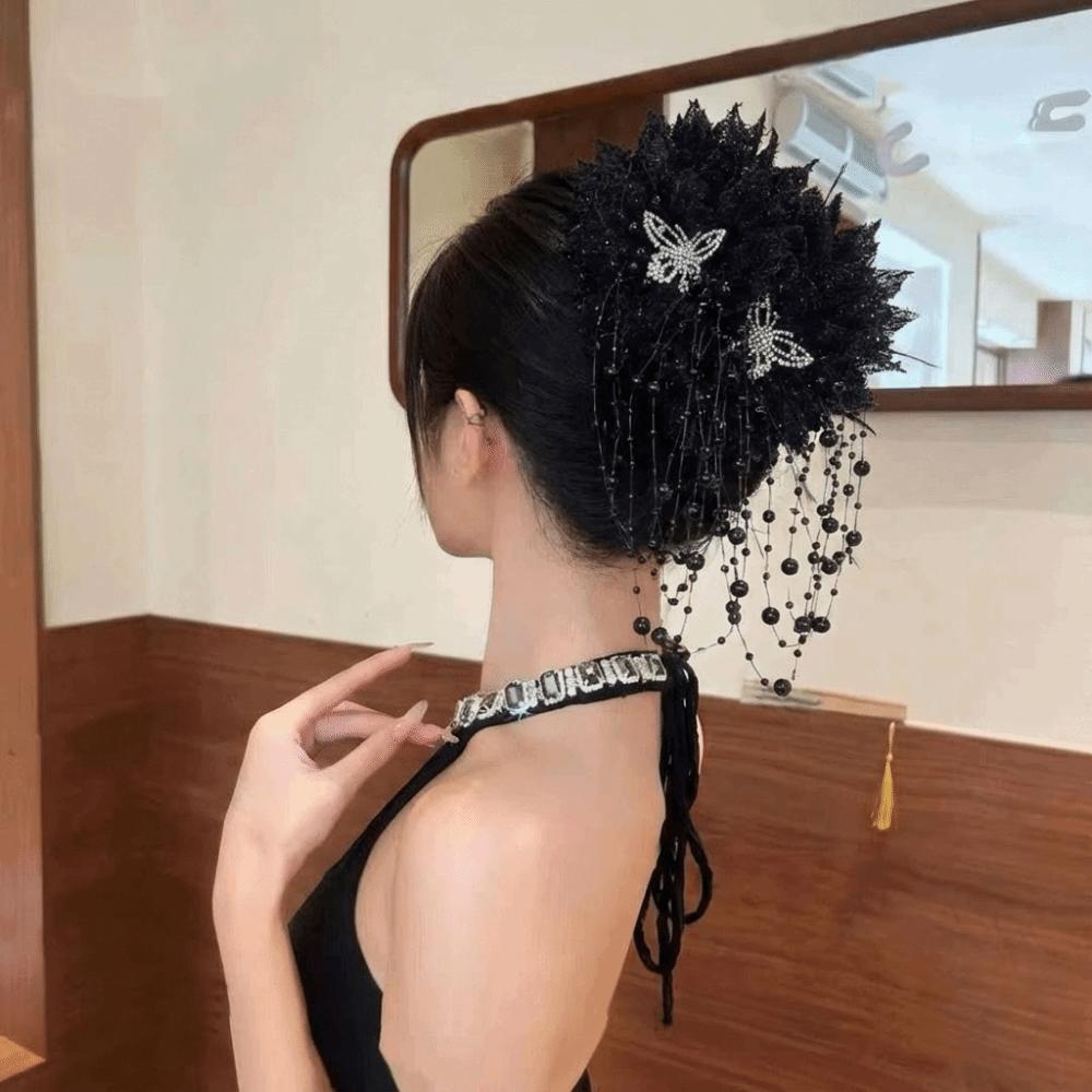 Peony Flower Pearl Tassel Shark Clip Double Flower Plastic Shark Clip Hairpin Sequin Mesh Flower Hair Claw Ponytail Accessories