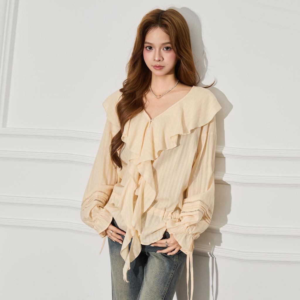 Women's French Apricot Ruffle V-Neck Lantern Sleeve Top