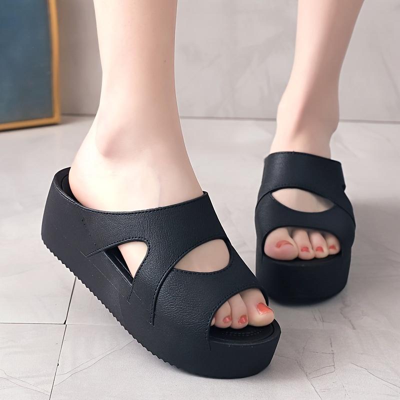Женские тапочки на платформе, однотонные шлепанцы с вырезом и круглым носком с открытым носком, женские удобные домашние и уличные тапочки