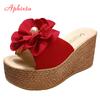 Aphixta 9cm Heels Slides Pearl Crystals Appliques Shoes Woman Slippers Flip Flops Wedge Heel Platform Woman Beach Zapatos Mujer