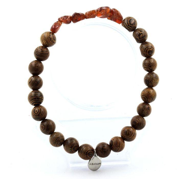 Stones and Minerals. Spessartite Garnet Bracelet from Mozambique + 8 Mm Wooden Beads. Made In France.