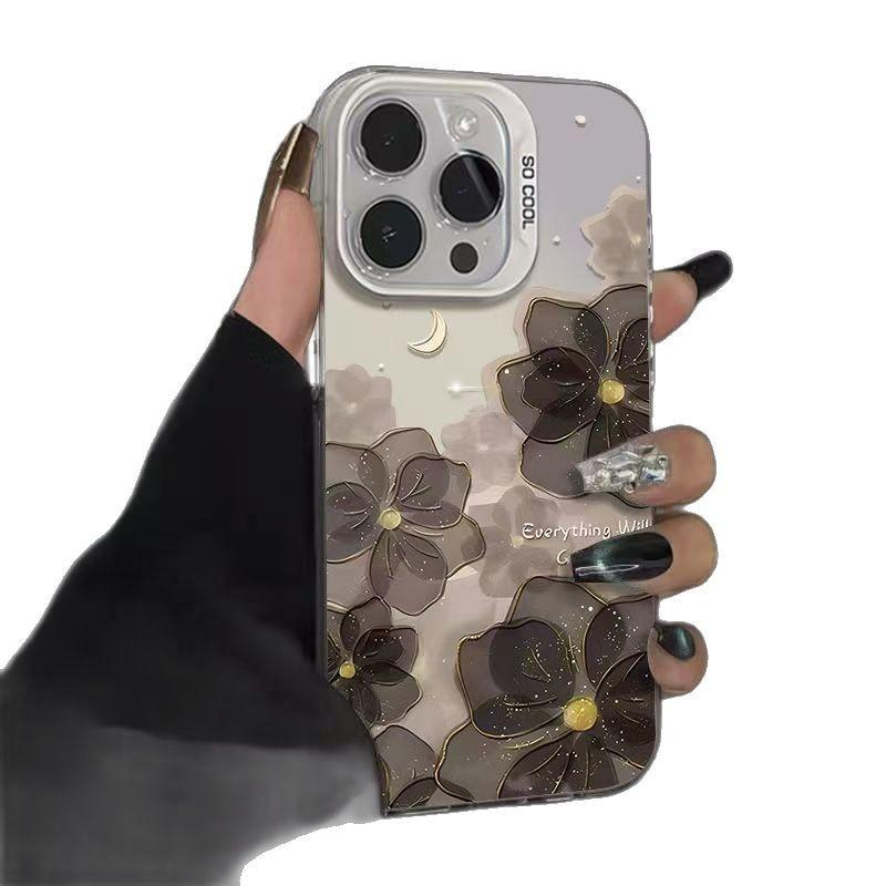 Black Gold Edged Flower Colorful Silver Shell Suitable for Apple 16 15 14pro Mobile Phone Case 15promax13 12 11X