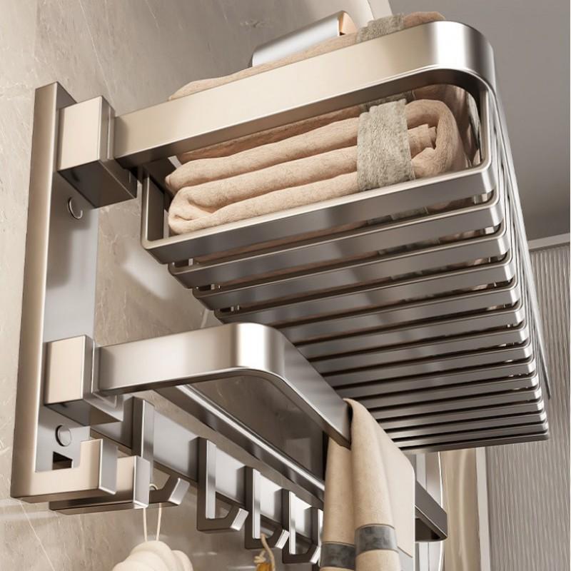 Bathroom Folding Towel Rack Wall Mount No Drill Shower Storage Shelf Space Aluminum