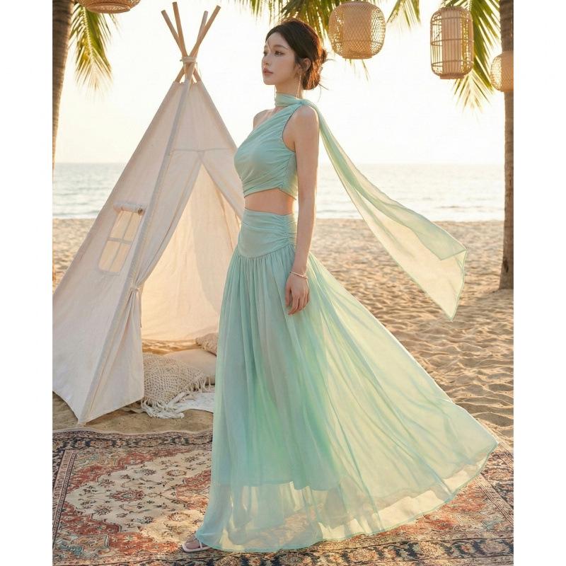 Women's Elegant One-Shoulder Backless Chiffon Beach Dress - Sleeveless, Perfect for Seaside Vacation