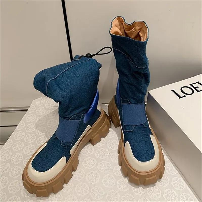 Весна Осень Новые женские сапоги до середины икры Модные ковбойские рыцарские сапоги Панк Готика Классические джинсовые парусиновые туфли Короткие туфли на платформе