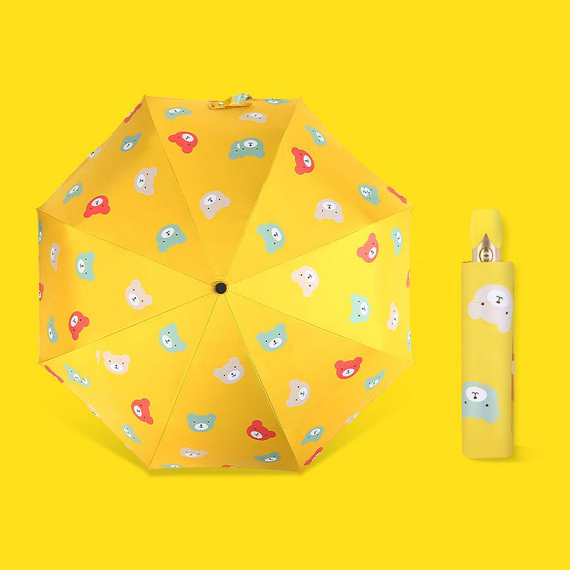 Three-fold Umbrella Lovely Bear Sunny and Rainy Umbrella for Women Girl Kids Black Rubber Reinforced Folding Automatic Umbrellas