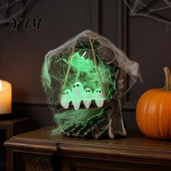 Halloween Mystery Theme Ornament Ghosts on A Tree Swing Statue, Spooky Light Up Swinging Ghost Cute Figurine for Party with Spider Web Desktop