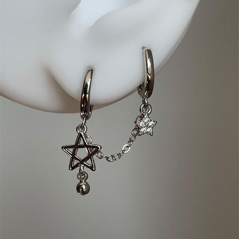 1 шт. серебряная цветная цепочка со звездой, двойное отверстие для уха, гвоздь для ушной косточки, модные серьги Y2K для женщин, ювелирные изделия
