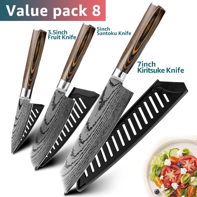 Kitchen Knife Chef Knives 7CR17 440C High Carbon Stainless Steel Cleaver Meat Fruit Knife Imitation Damascus Sanding Laser Knife