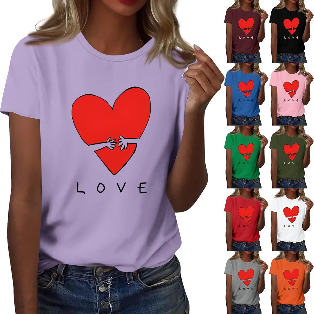 Ladies' Loose Comfortable Casual Fashionable Heart And LOVE Character Pattern Printed Round Neck Short Sleeved Shirt