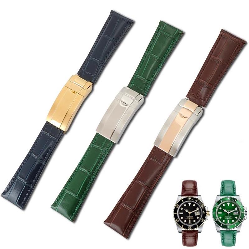 Натуральная кожаный Аксессуар для Rolex Daytona Datejust Black Green Submariner Долговечный Комфорт Складная Пряжка Ремешок для часов 20 мм