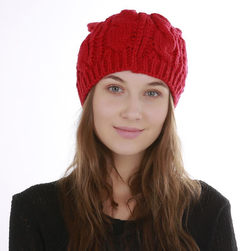 Autumn Winter Knitted Warm Women's Jacquard Fried Dough Twist Cat Ears Cute Wool Single Layer Hat