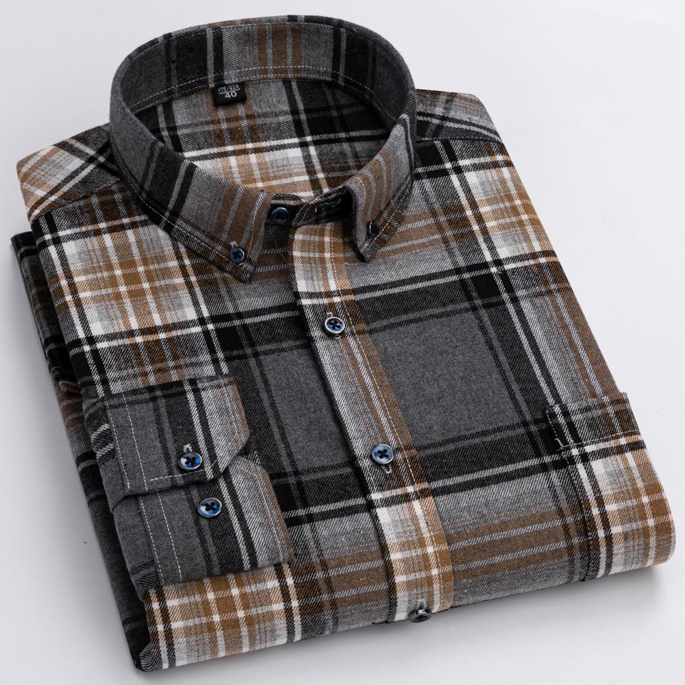 Men's Fashion Brushed Flannel Plaid Striped Shirts Single Patch Pocket Comfortable 100% Cotton Long Sleeve Standard-fit Shirt