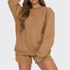 Women's Comfortable Casual Fashionable Solid Color Round Neck Sweatshirt Shorts Two-piece Set