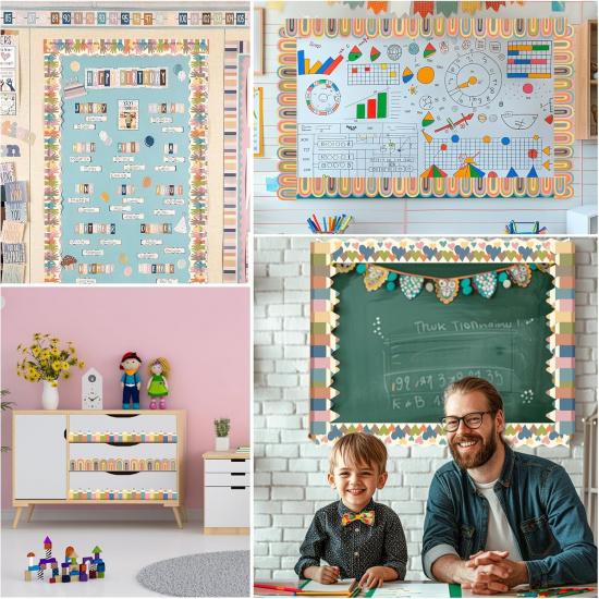 Bulletin Board Borders Classroom, Boho Board Stickers Colorful Heart Rainbow Bulletin Board Scalloped Decorations for Blackboard, Chalkboard, Walls,