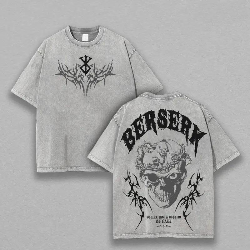 Футболка с принтом аниме Berserk Гатс Мужская Женская Стиранный Хлопок Футболки Манга Винтажная Футболка Харадзюку Мужская Свободная Футболка с Коротким Рукавом