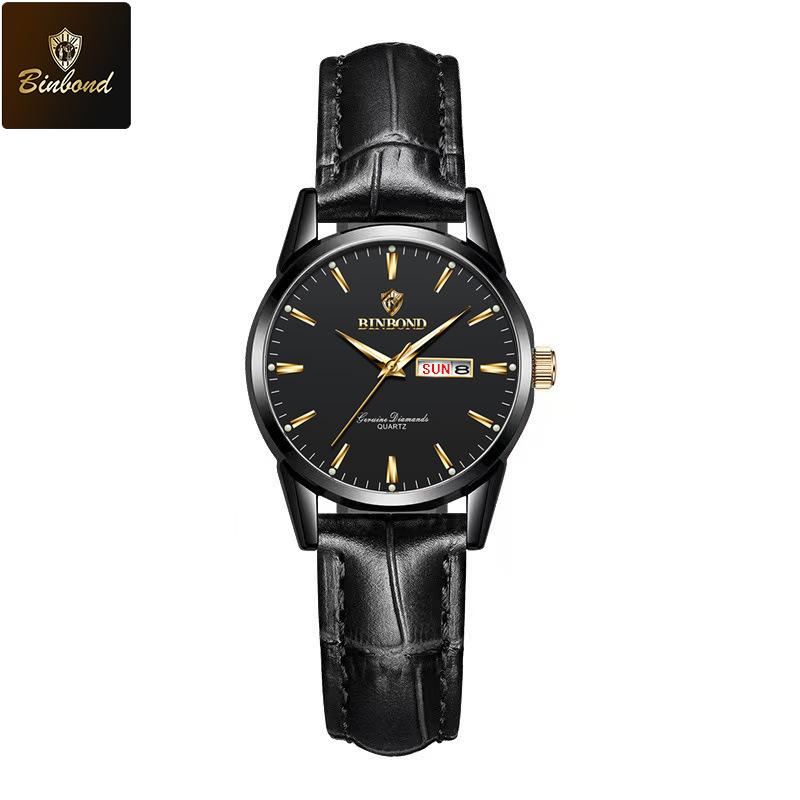 BINBOND B2238 Waterproof Luminous Leather Strap Dual Calendar Watch for Women Original Fashion Brand Quartz Women's Watches