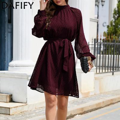 Женские модные летние весенние однотонные повседневные платья с длинным рукавом и высоким воротом и высокой талией