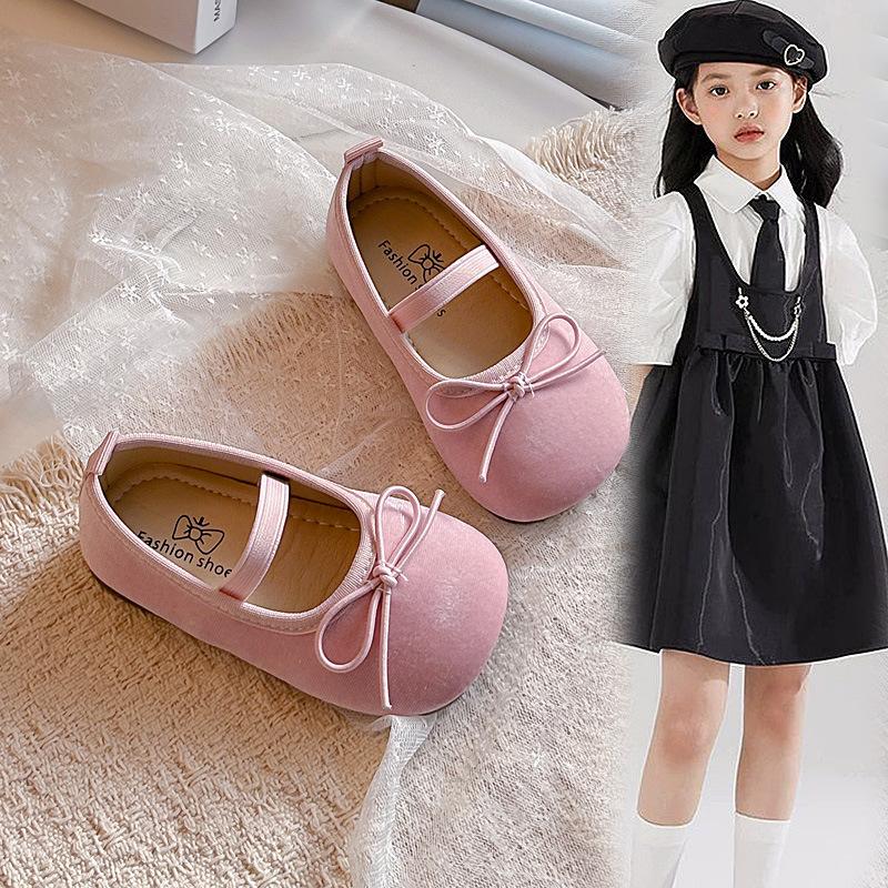 Girls' Solid Color Flats2026Spring and summer cute bow princess leather shoes for small, medium, and large children