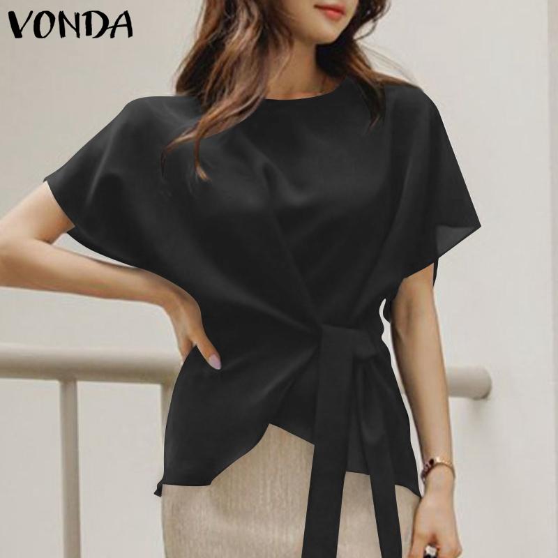 VONDA Летние женские туники с короткими рукавами и круглым вырезом, повседневные однотонные плиссированные блузки, футболки S-5XL
