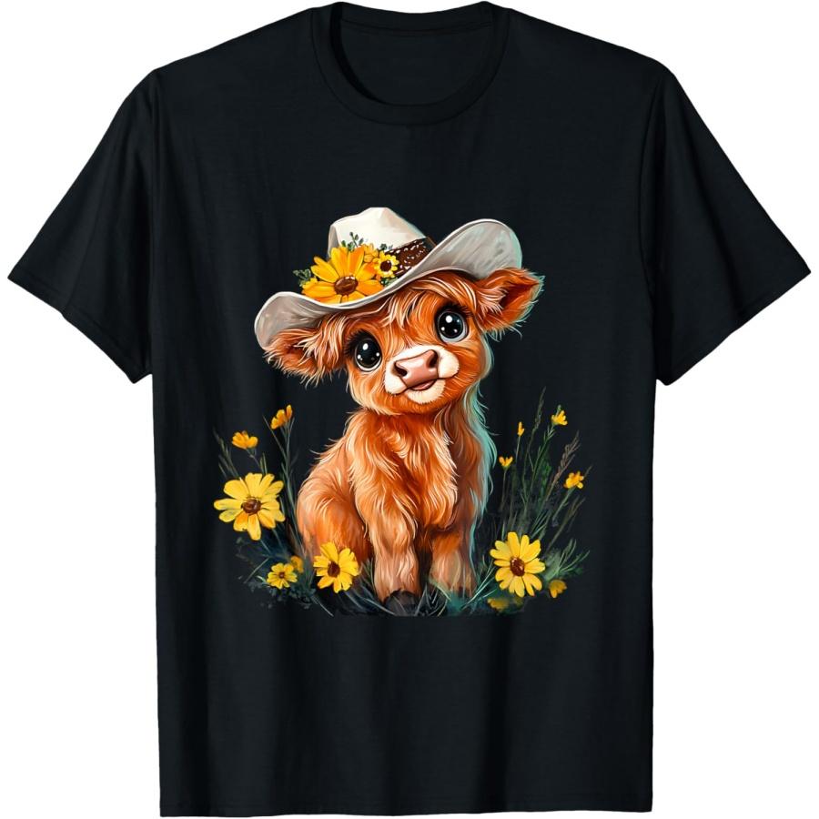 Cute Highland Cow Scottish Hairy Cattle Floral T-Shirt