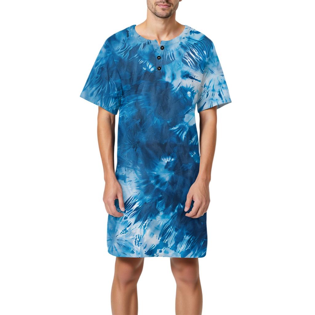 Мужская мода Принтованная хлопковая пижама с коротким рукавом Воротник на пуговицах Длинная свободная домашняя одежда