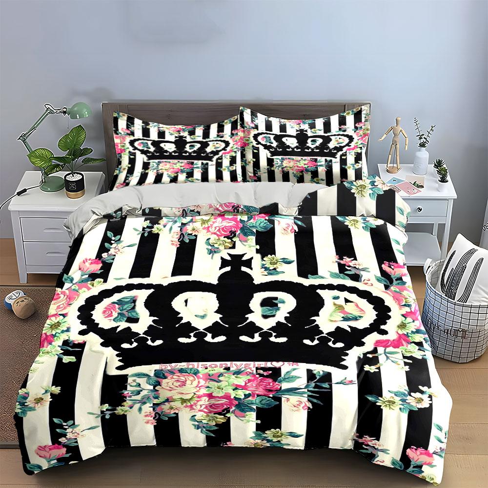 Striped Crown Floral Bedding Set Bedding Duvet Cover Set Duvet Cover Pillowcases (1 * Duvet Cover 2 * Pillowcases, without duvet insert)