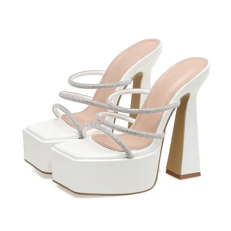 Модные босоножки на платформе 5 см для женщин 2024 года, сексуальные модные узкие ромбовидные туфли без застежек на высоком толстом каблуке 15 см, туфли-мюли для вечеринок