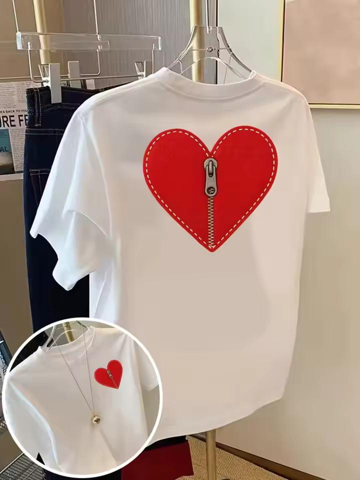 Heart Shaped Zipper Printed Women's T-shirt with Front Back Round Neck Men Tops Casual Short Sleeve Unisex Tees Women's Clothing